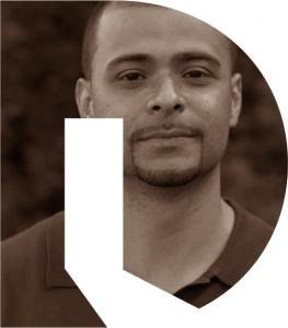 Sepia portrait of Andres inside the OpenDoors logo shape