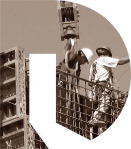 Sepia photo of construction workers on scaffolding inside the OpenDoors logo shape