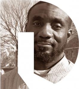 Sepia portrait of William inside the OpenDoors logo shape