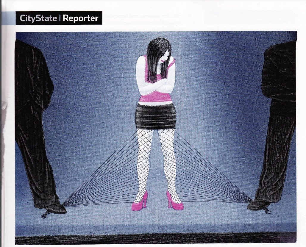 CityState Reporter illustration of a woman tethered between two men