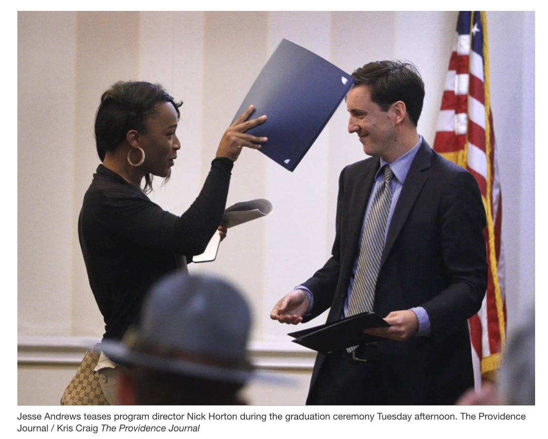 Providence Journal photo: Jesse Andrews teases program director Nick Horton at the 9 Yards graduation