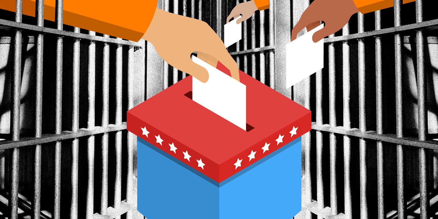 Illustration of hands casting ballots through prison bars