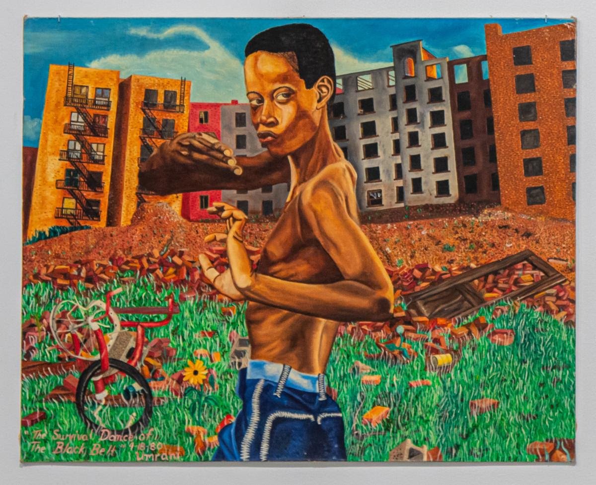 Painting by Leonard Jefferson of a figure in a vacant lot before city buildings