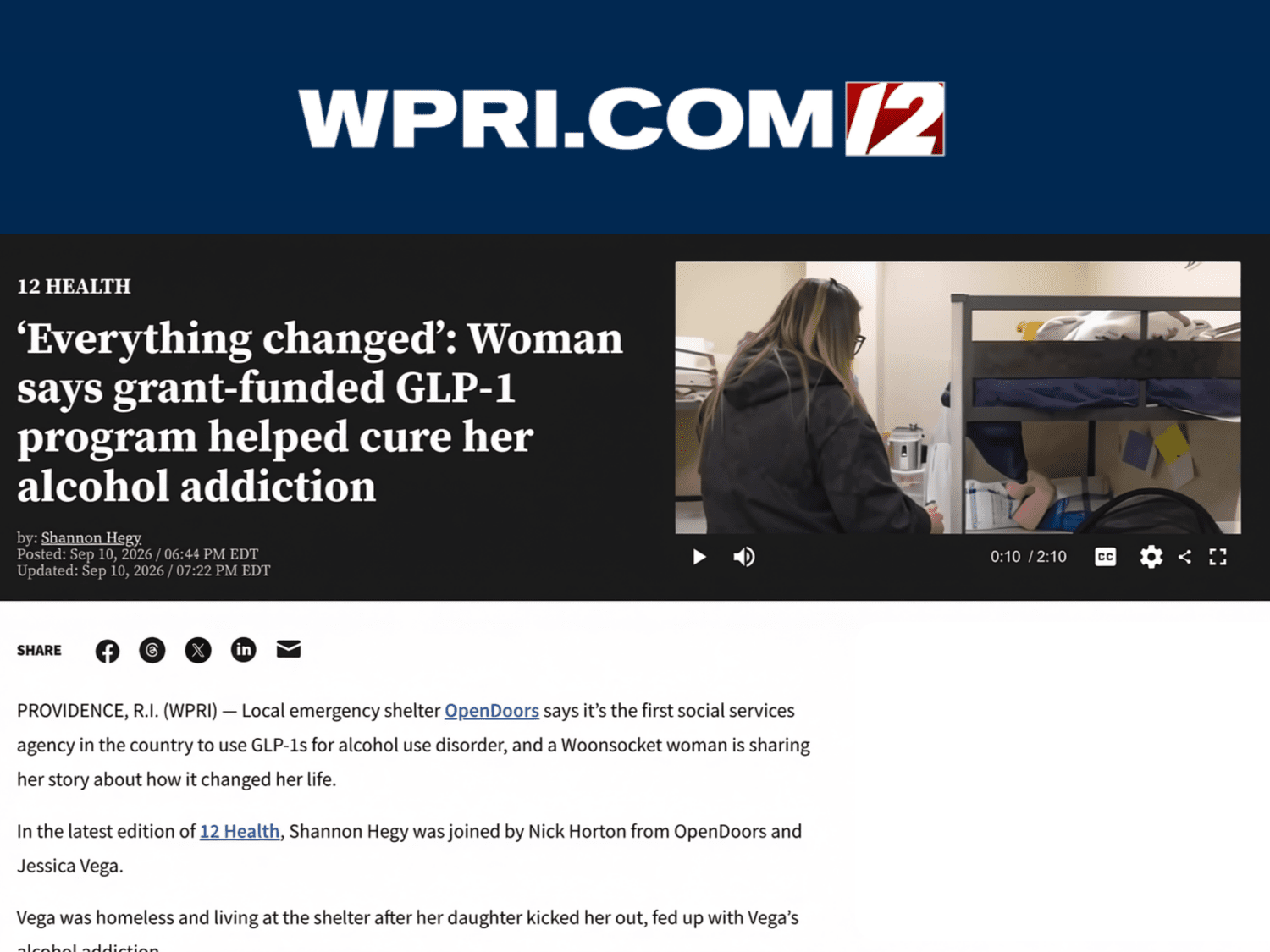 WPRI 12 article: 'Everything changed': Woman says grant-funded GLP-1 program helped cure her alcohol addiction